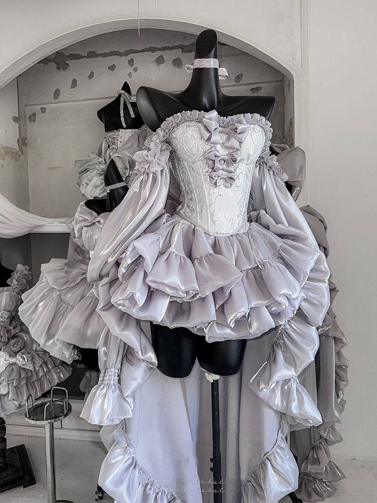 + Lace-up Balletcore Top Full Set Big Sleeves Skirt Train Bow Corset Silvery