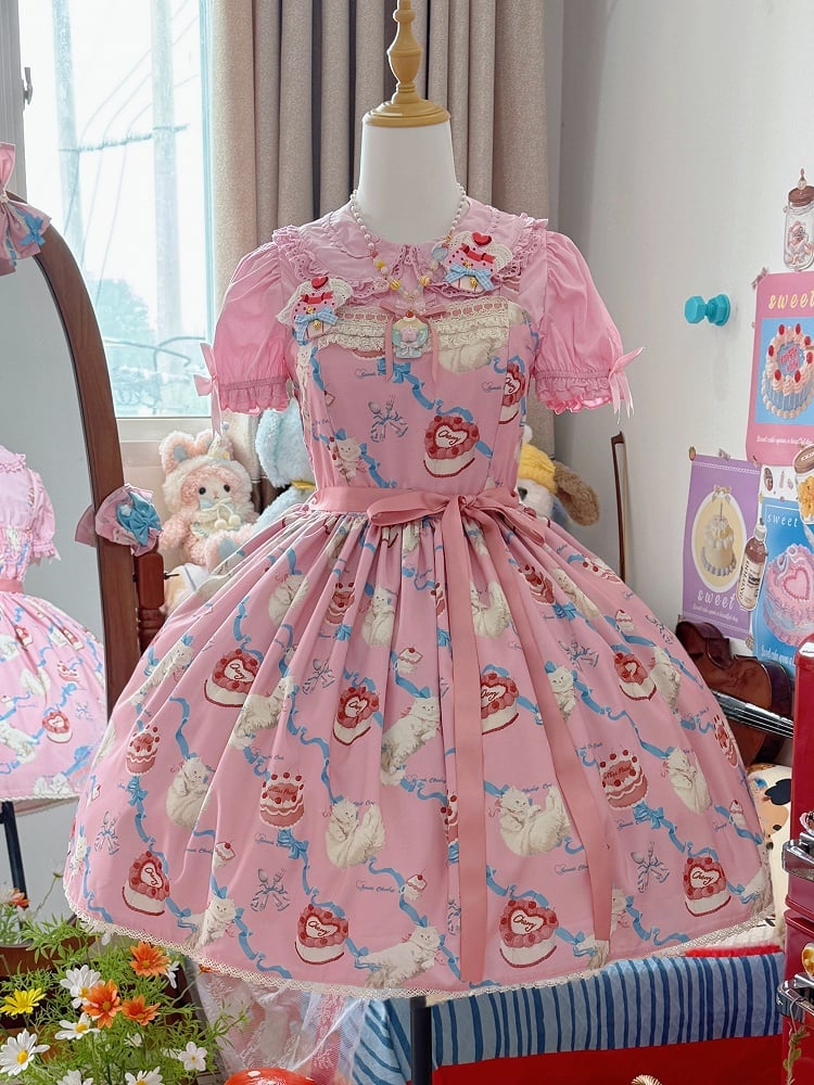 Fluffy Showa Jumper Pink Kitty Cute Lolita Print Sweet Skirt Dress