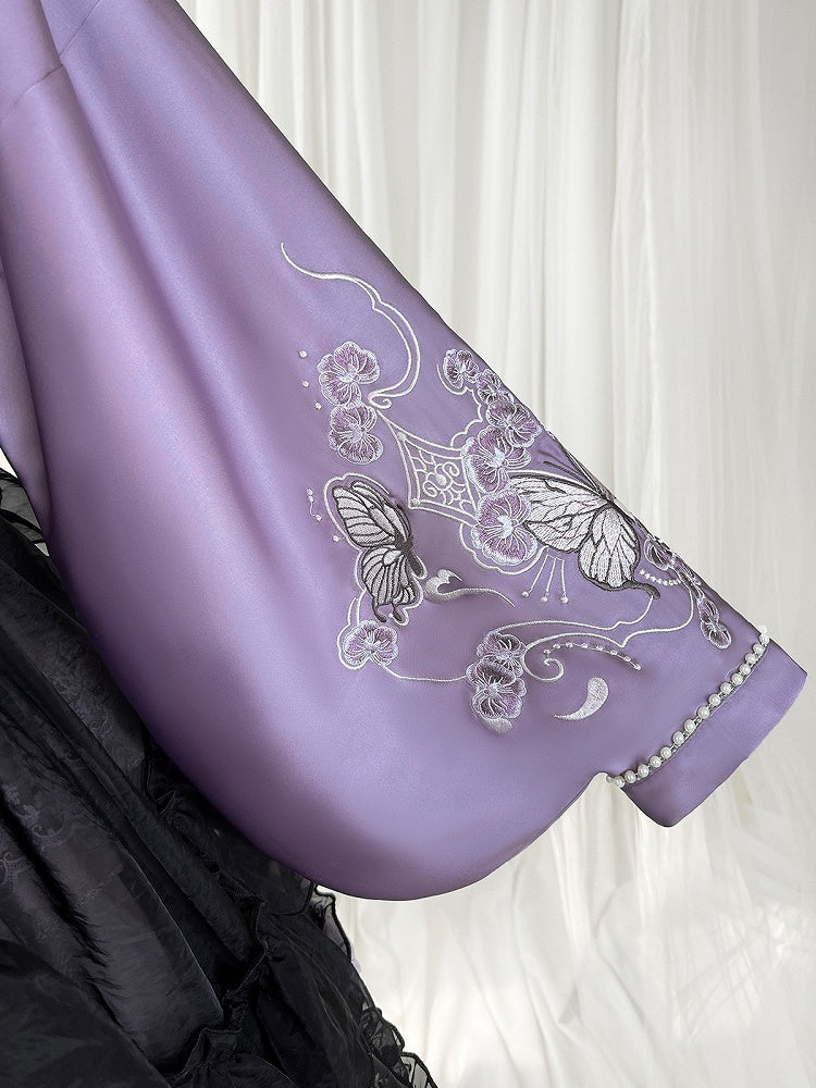 Delicate Butterfly Apron Lolita Dress Black Set Purple Han and Embroidery Full Floral +