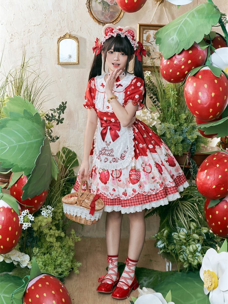 Wine Red Strawberry Bear Sweet Lolita Dress Cottagecore Country OP