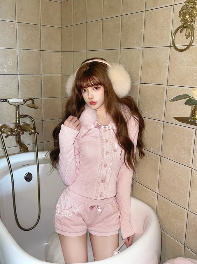 Hoodie Cardigan With Fur Knit Bow Pink Collar Faux