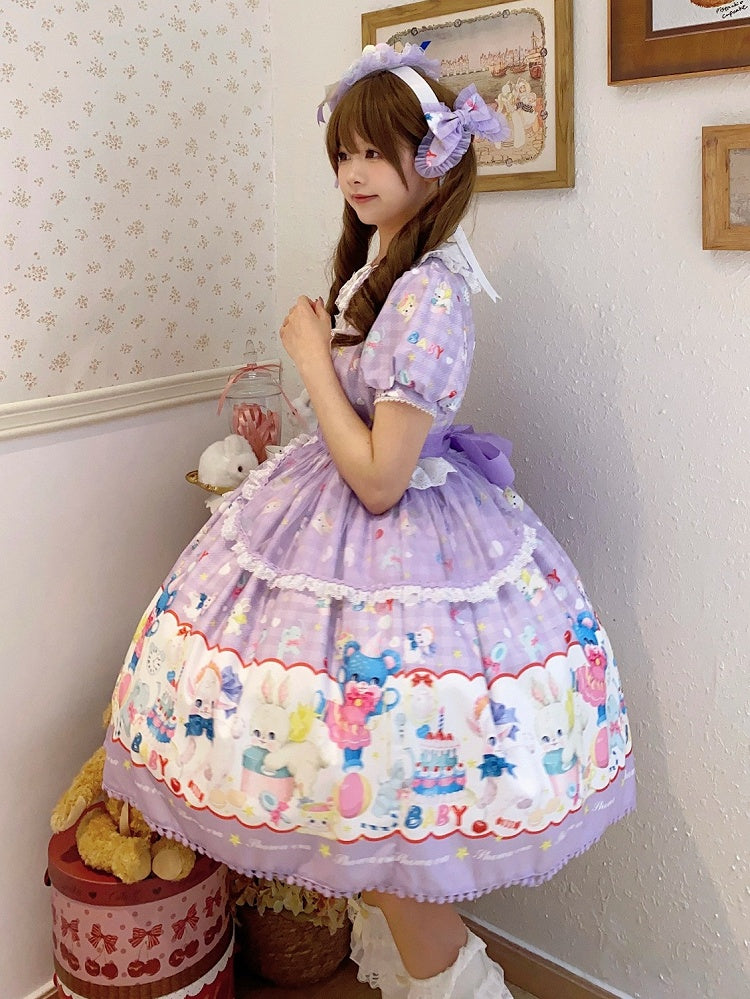 Lamb Clearance-Size L Dress Bear Print Sweet Collar 100CM Lolita and Purple Bust Pan for Peter Short Sleeves