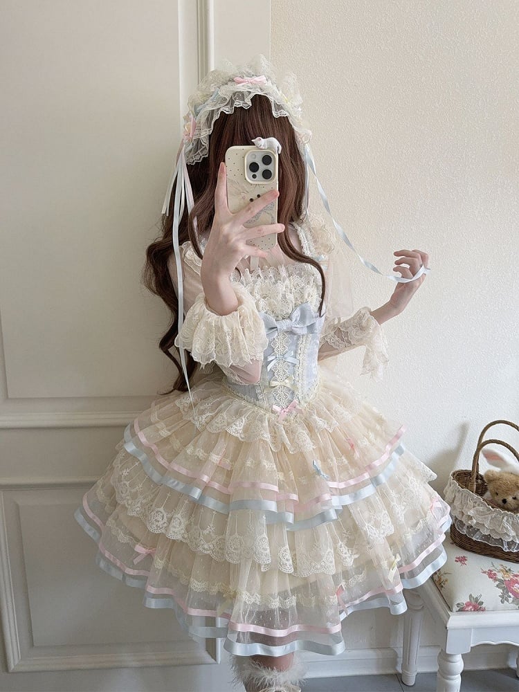 mit Schleifenrock JSK Lolita Lagenblaue Taille Großes Korsett Tüllrücken bei Princess