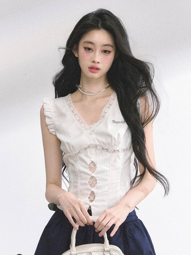 Lace White V-neck Cutout Details Patches Flutter Sleeves Top