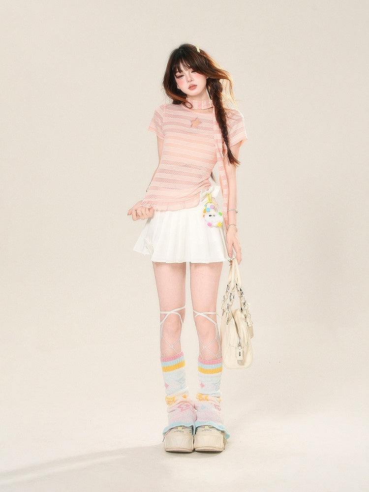 Scarf Star-shaped Cutout Pink Stripes Detail Glamorous T-Shirt with Free