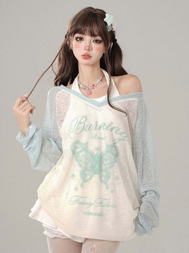 Set Green V-Neck Long Sleeve with White Halter Neck Tank Butterfly Letter Print Sheer Mint