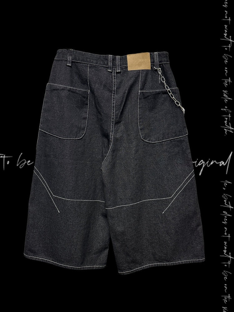 Denim Shorts Y2K Black Letter Print Wide-leg