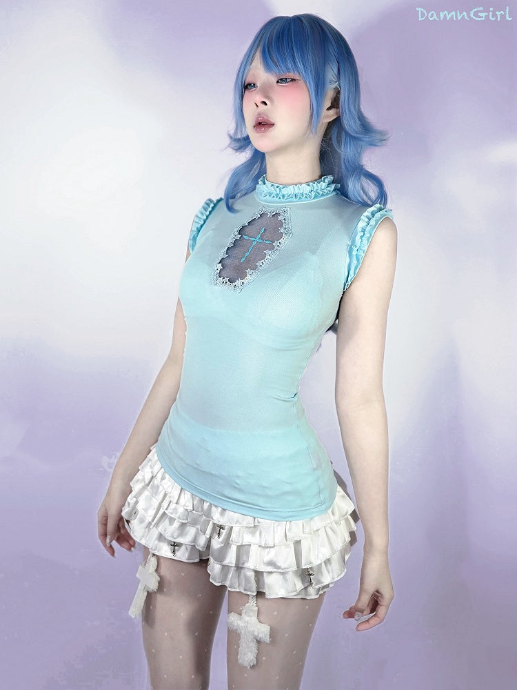 Goth Sleeveless Top Light Blue Mock Neck Coffin-Shaped Cutout Pastel