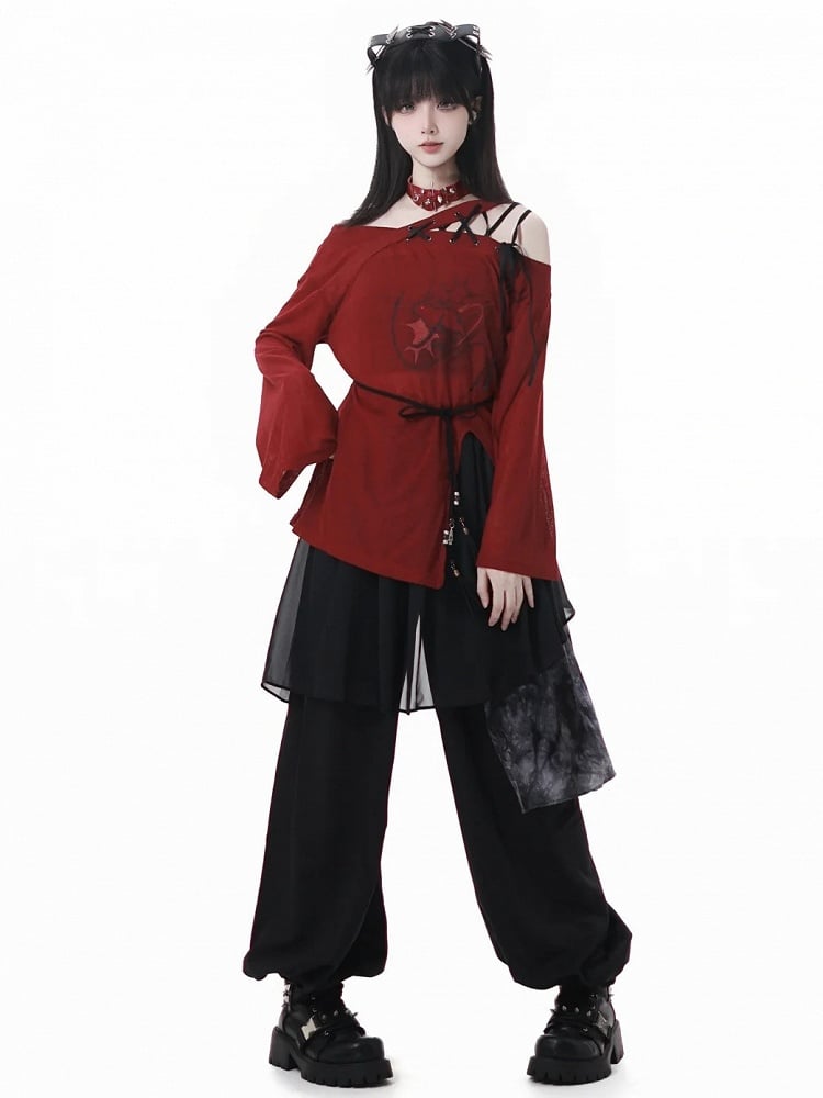 Casual Pants Elastic Waist and Cuffs Dye Black Style Tie Mesh Patchwork Cheongsam
