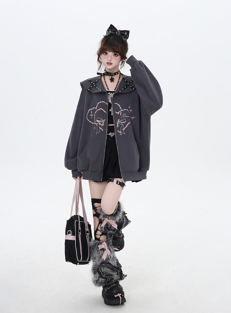 Rosa/graue bedruckte Jacke mit Matrosenkragen und Reißverschluss