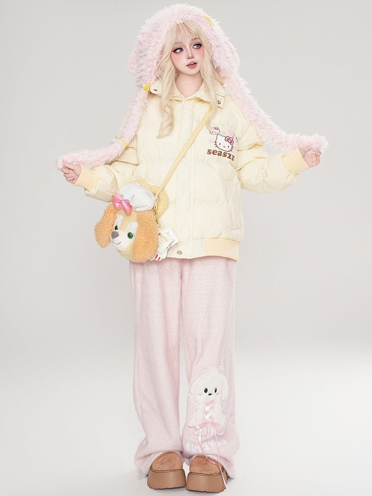 Light Yellow Kitty Print Detachable Sailor Collar Thick Jacket