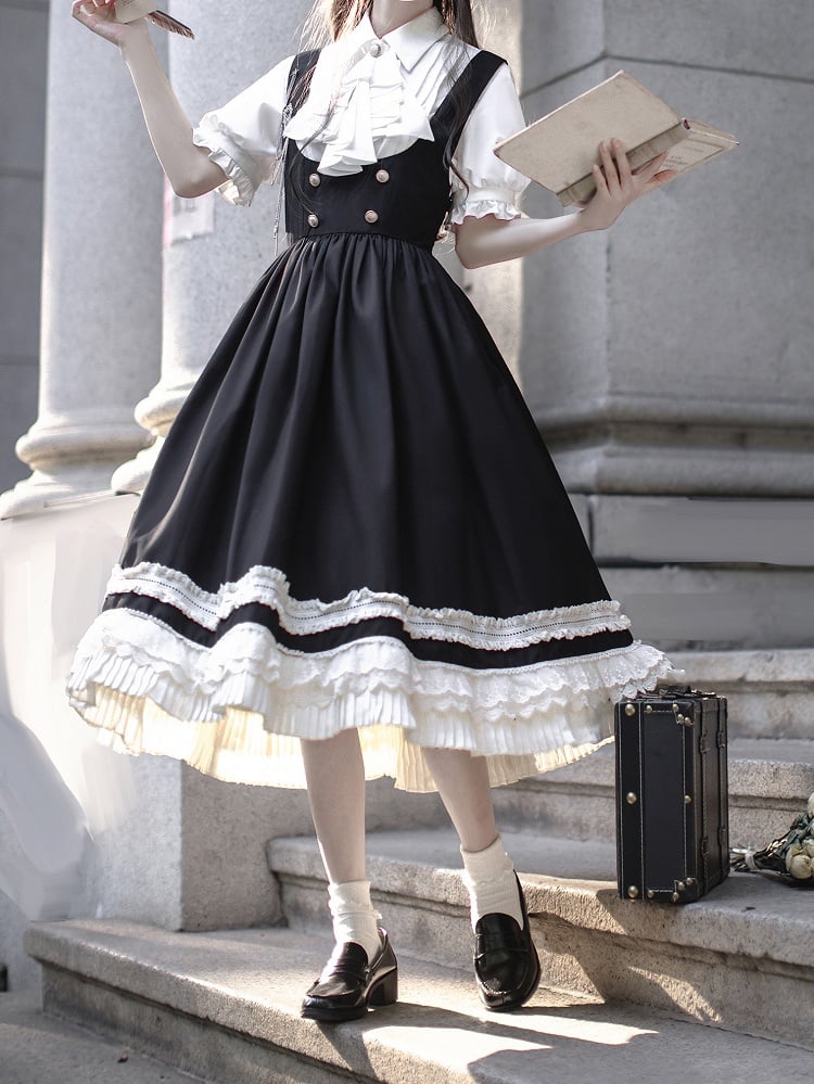 Preppy Style Black High Waist Overall Dress with Beige Lace Trim
