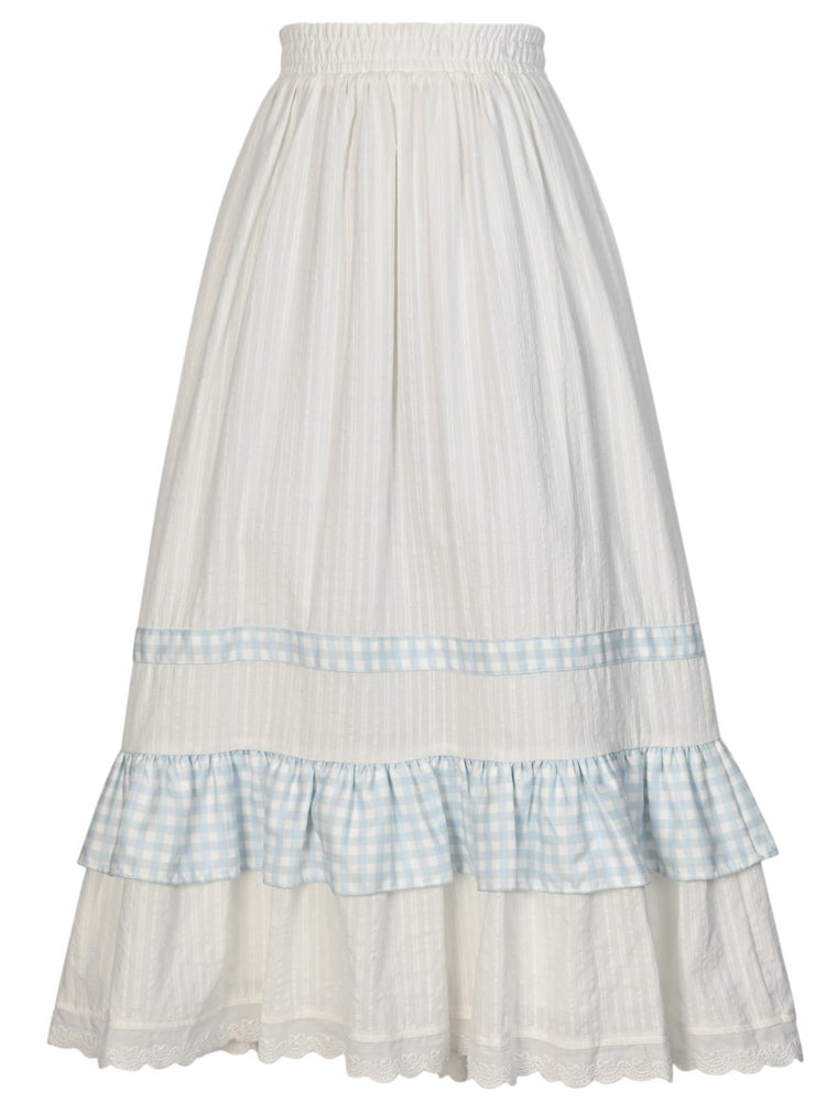 White High Waist Lace Trim Sweet Skirt Plaid Patchwork