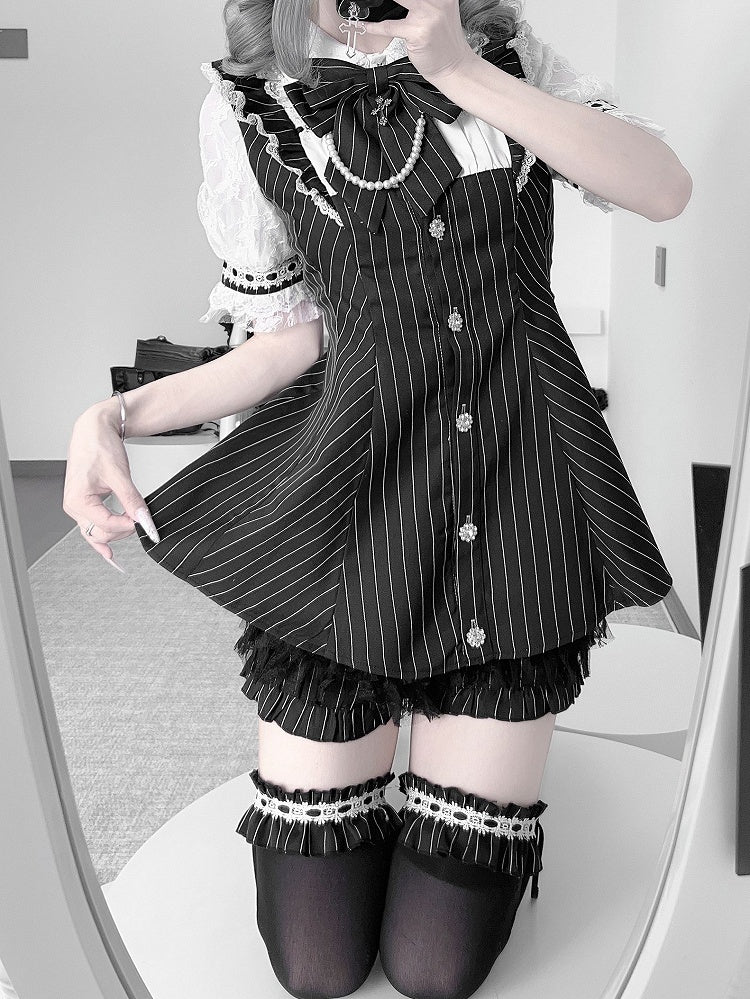 Mini Dress + Shorts Lace-up Back Neckline Illusion + Black Striped Jirai Kei Set- Bow Tie