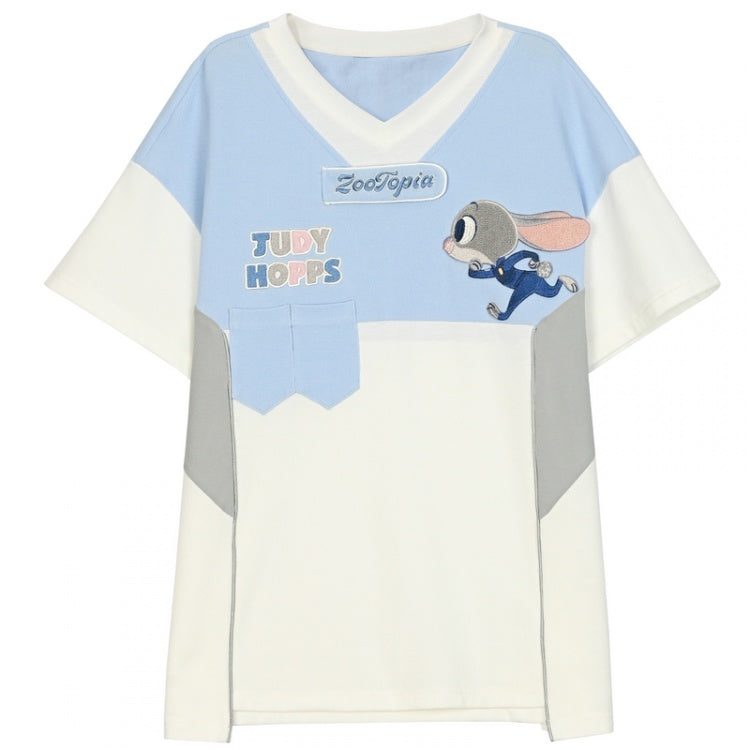 ズートピア ジュディ ブルー Vネック カラーブロック デザイン Tシャツ