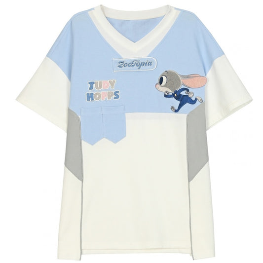 Zootopia Judy Blaues T-Shirt mit V-Ausschnitt und Farbblockdesign