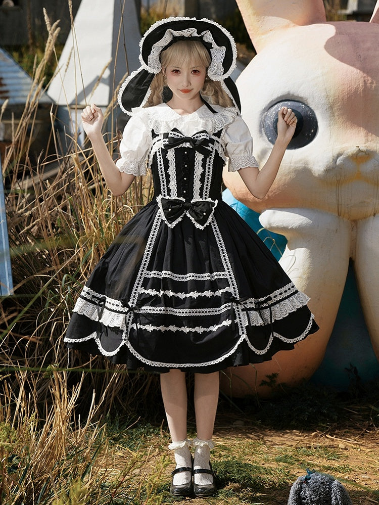 Trimmen Sie alten schwarzen Pullover Saum Schule Rand Kleid gewellten Rock Lolita