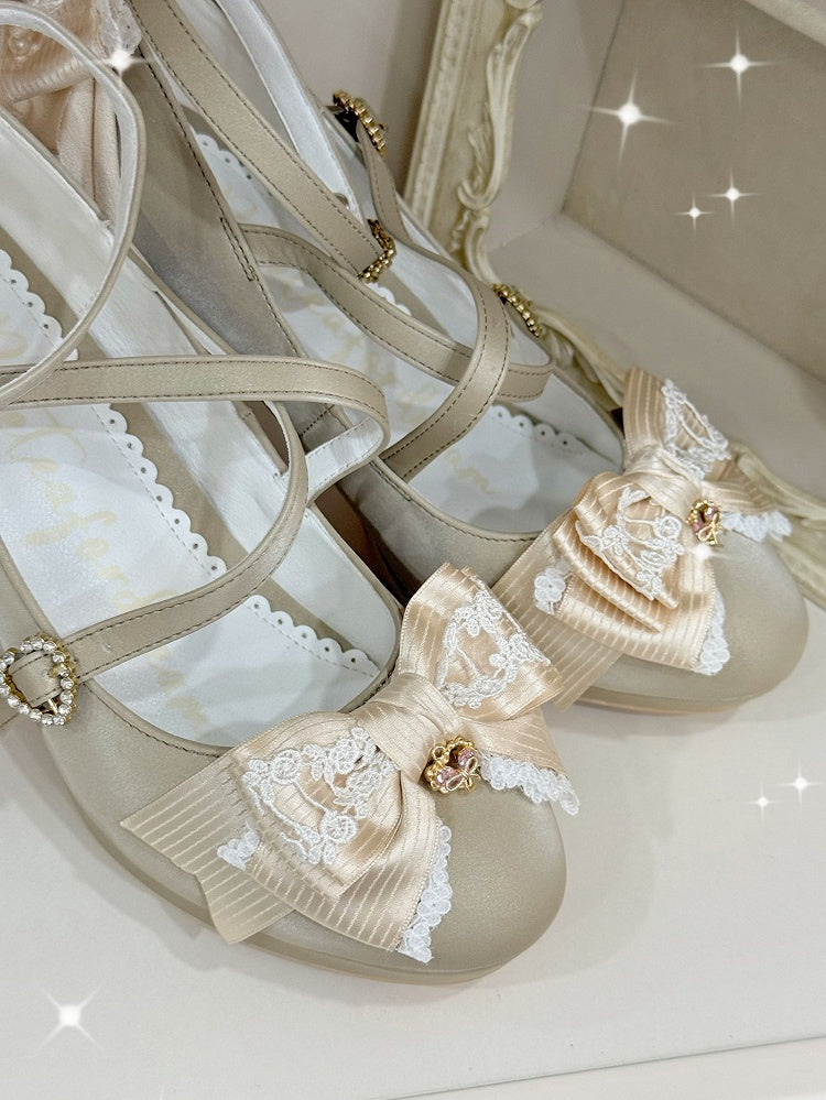 Gold Heels Top Heart Design Bow Buckle Crisscross at High