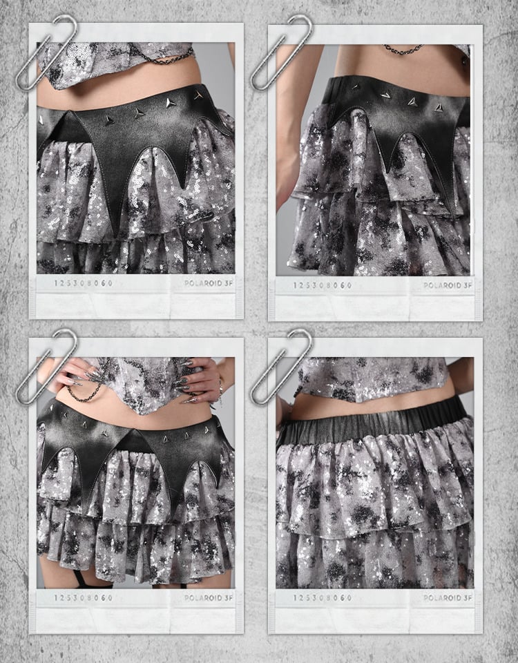 Fashion Waistband Skirt Low Y3K Waist Bat Wing Detail Sequins Tiered Cyberpunk Futuristic Silver Gray