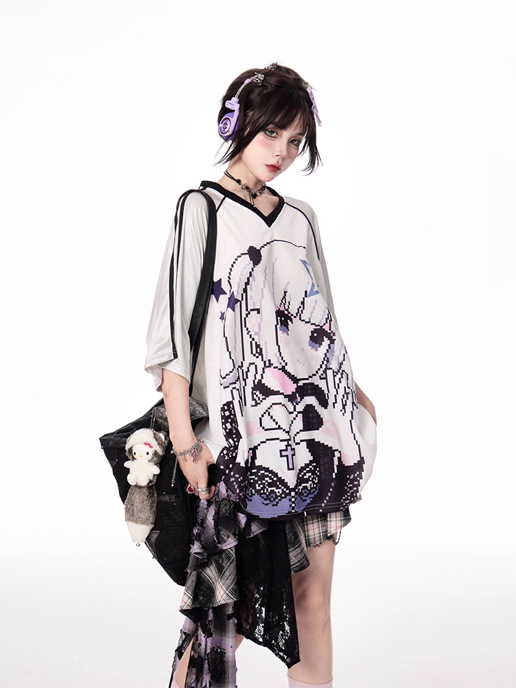 Cartoon Girl Print Black/Blue/Purple T-shirt Vintage V-neck Loose