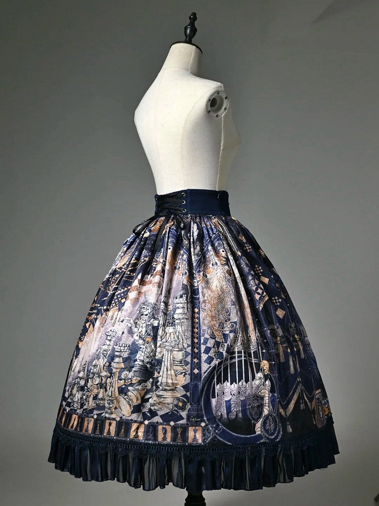 Chess Theme Blue Belt Waist Skirt Corset Print Dark Lolita