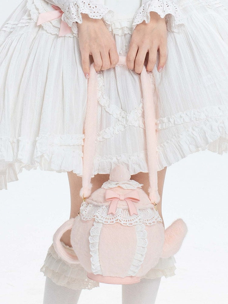 Trim Sweet Lace Plush Decorated Lolita Bowknot Strawberry Hand/Crossbody Bag And Pink Teapot