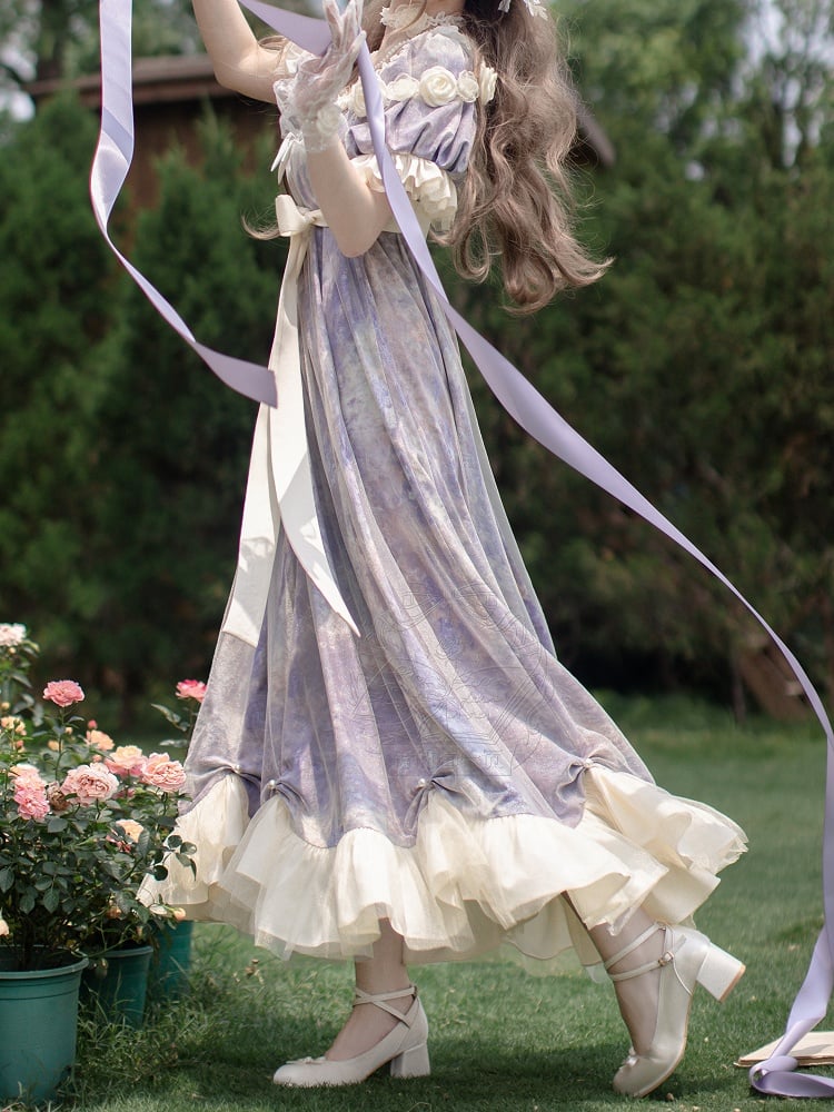 Classic Empire Maxi Piece Purple Lolita Oil One Elegant Waist Painting Dress Print
