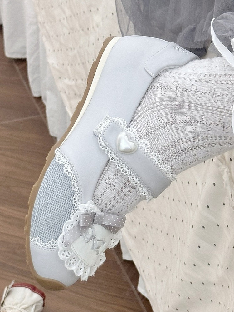 Sneakers Flat with Sweet Bow Lace Edging Gray Decorative Lolita - Velcro Fastening Style