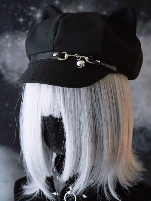 Hut Katze Schnalle Ohr Schwarz Design Gothic Glocke Charme Baskenmütze