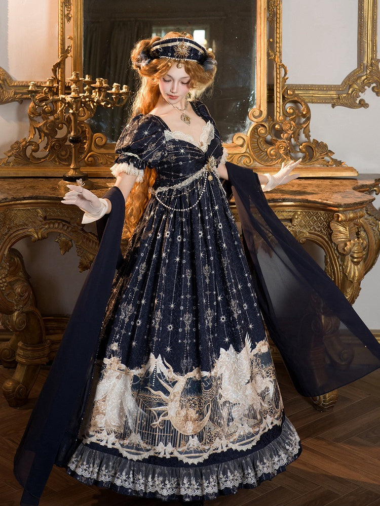 Elegant Unicorn OP Night Starry Blue Dark Set Full Empire Print Waist Lolita