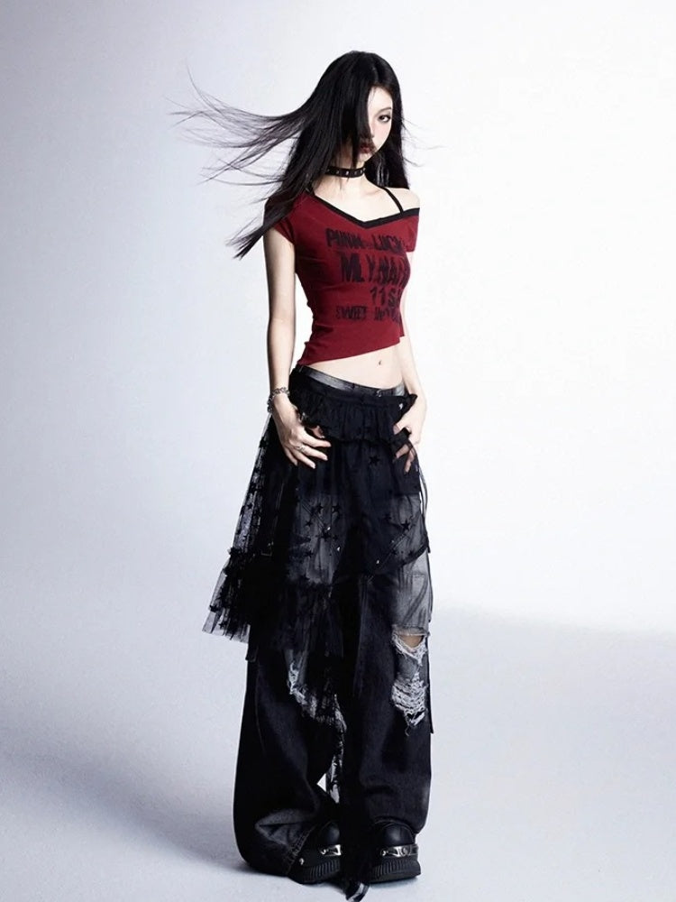 Rock and Hem Red Halter Neck Asymmetrical Neckline Graphic Cropped T-shirt Punk Y2K