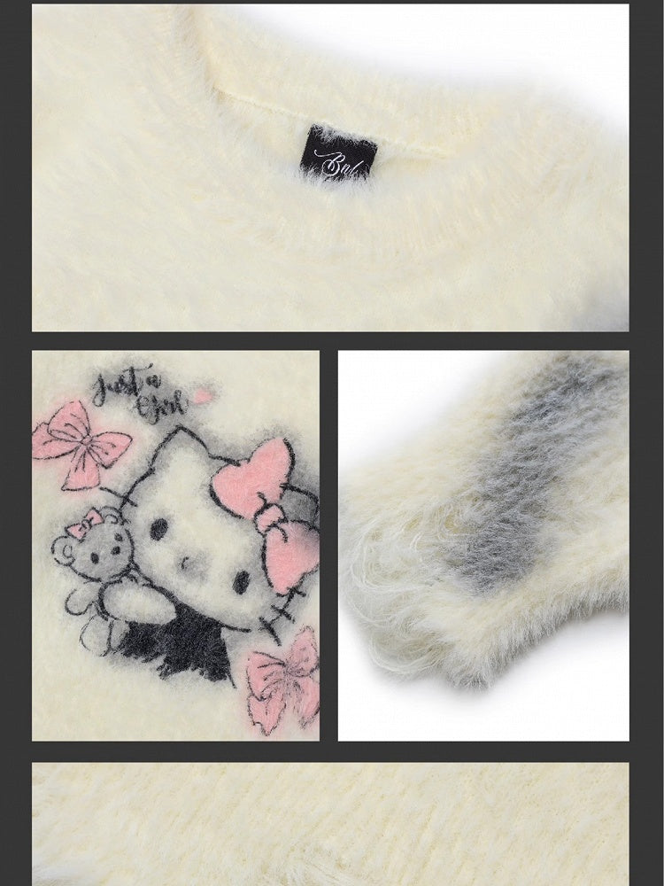 Milk White Kitty Graphic Distress Trim Loose Sweater