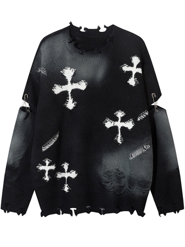 Y2K Black/Grey Cross Shaped Distressed Holes Round Neck Sweater