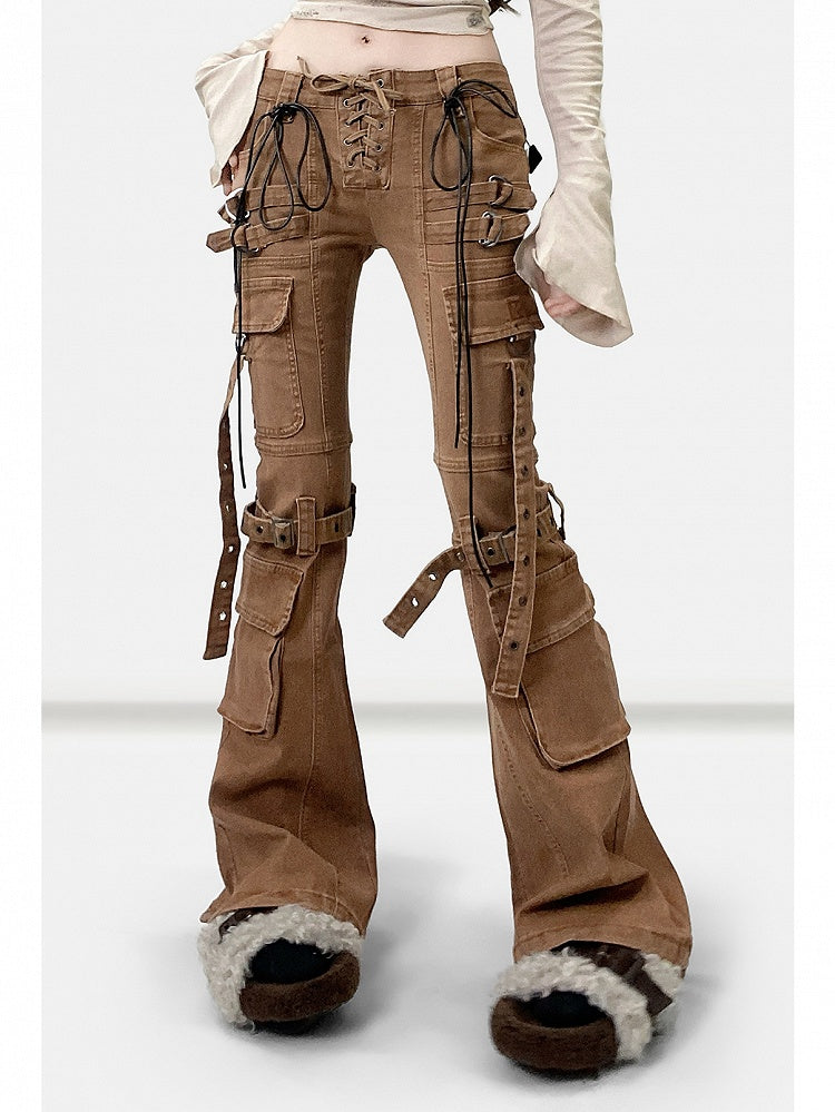 Wasteland Silhouette Flare Lace-up Jeans Punk Detail Brown Coffee