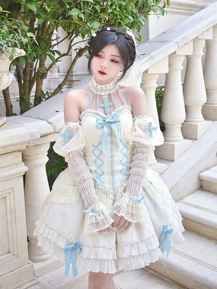 Cross Belle Beige and Blue Halter Neck Corset Dress Balletcore Lolita JSK