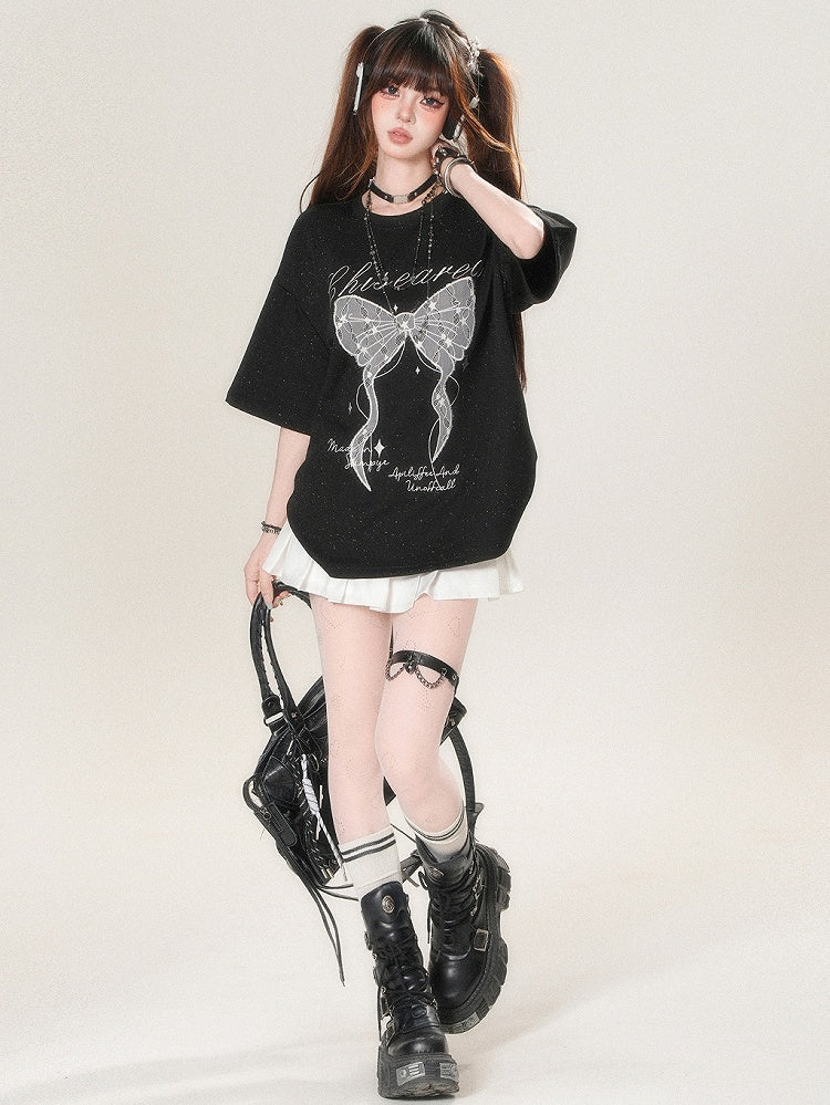 Kawaii T-shirt Print Applique And Daily Letter Bow Star Big White/Black