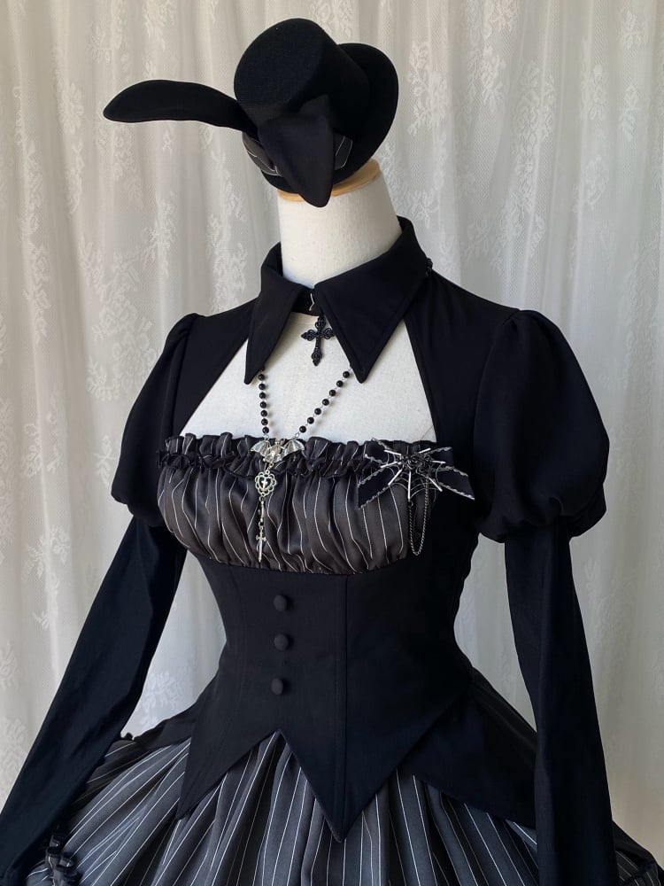 Black and Gray Fake Two-piece Bolero Top Dark Gothic Lolita Striped Dress