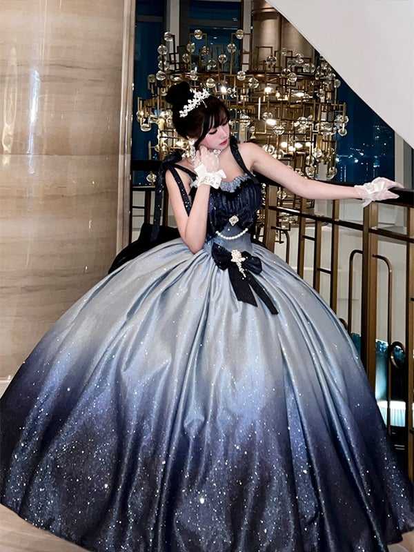 Shimmering Starry Night Gradient Blue Gorgeous Birthday Dress Prom Gown