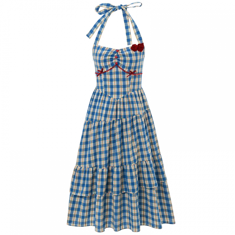 Blue Allover Halter Floral Print Holiday Neck Plaid Dress Sweet