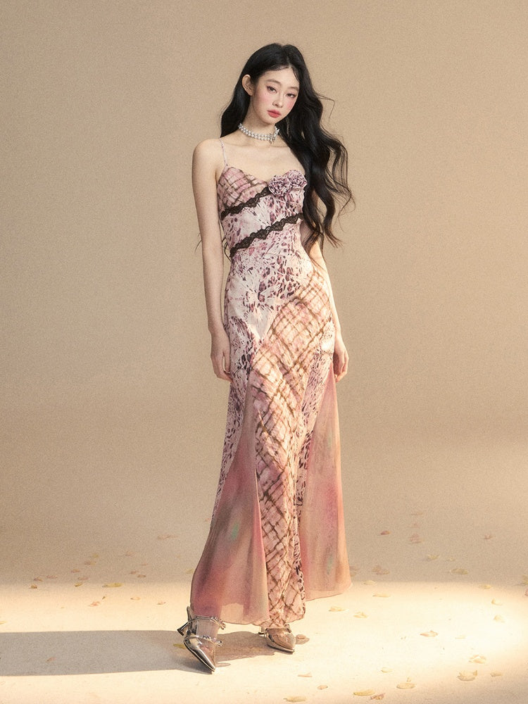 華やかなレースの花柄装飾柄ピンクヒョウ柄トリムスリップドレス