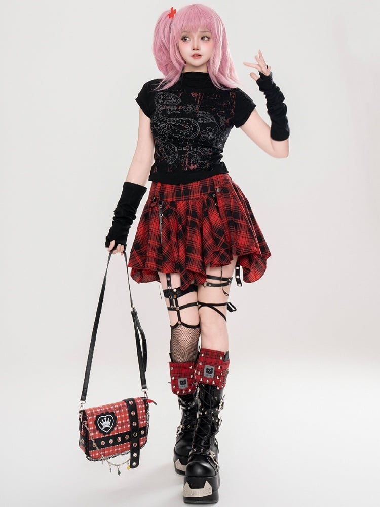 Edgy Y2K Kawaii Snake Schwarz/Hellgrau T-Shirt mit abnehmbaren Ärmeln