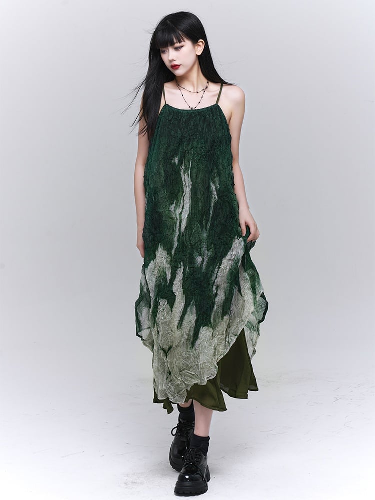 Robe à bretelles spaghetti à volants et ourlet asymétrique vert dégradé