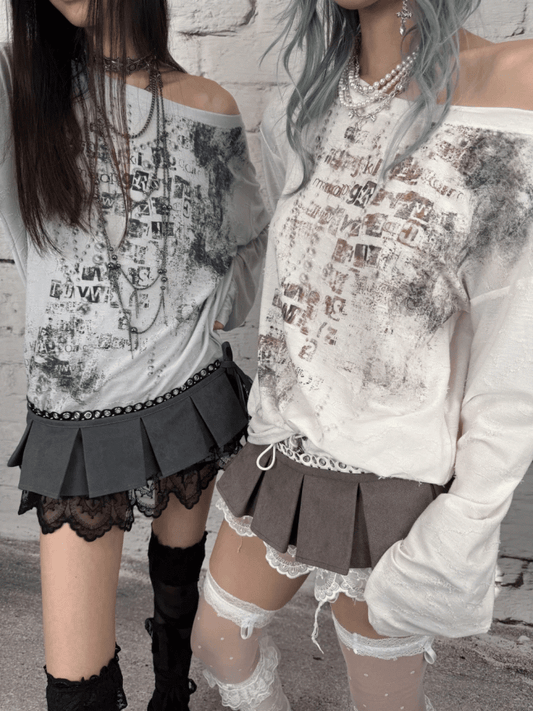 Wasteland Punk Letter Long Top Asymmetrisch Blau/Beige Ärmel Ausschnitt Print