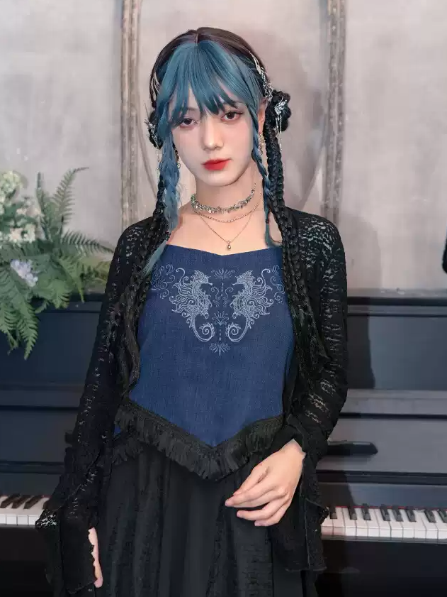 Seahorse Cheongsam Top and Cami Hem Style Tassel Dark Embroidery Coral Blue