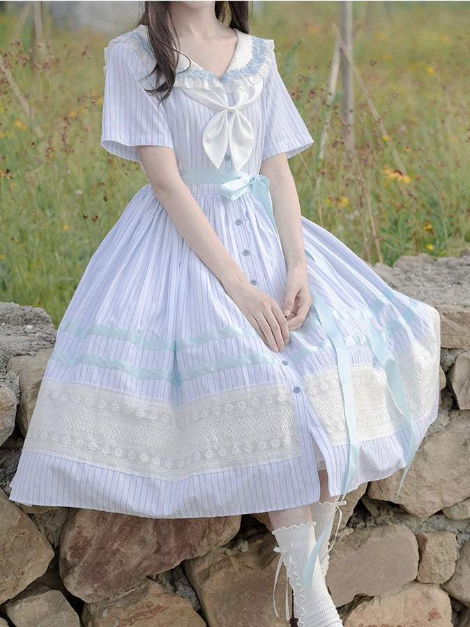 Sailor Pattern Available Plus Blue Lolita Dress Sizes Sea Collar Jacquard Summer Striped Shell