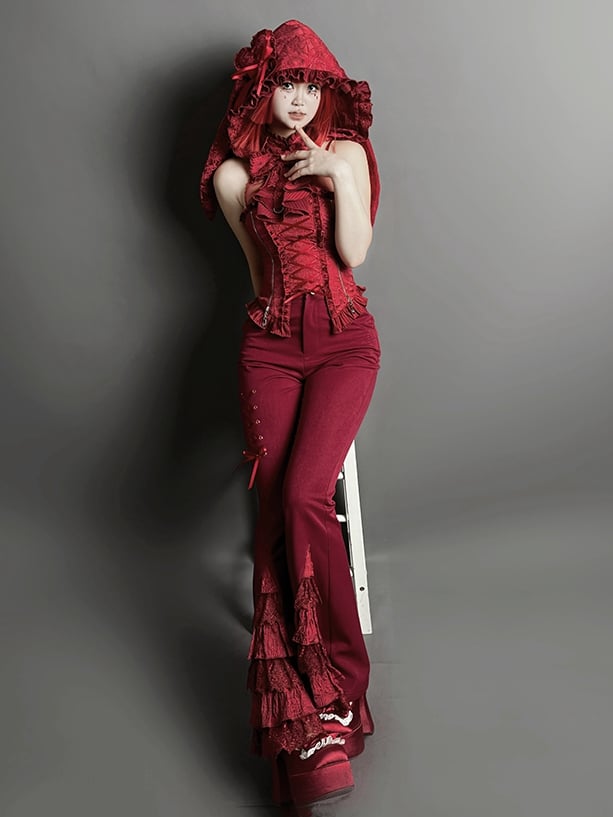Pants Cuffs Red Lace Tiered Patches Flared