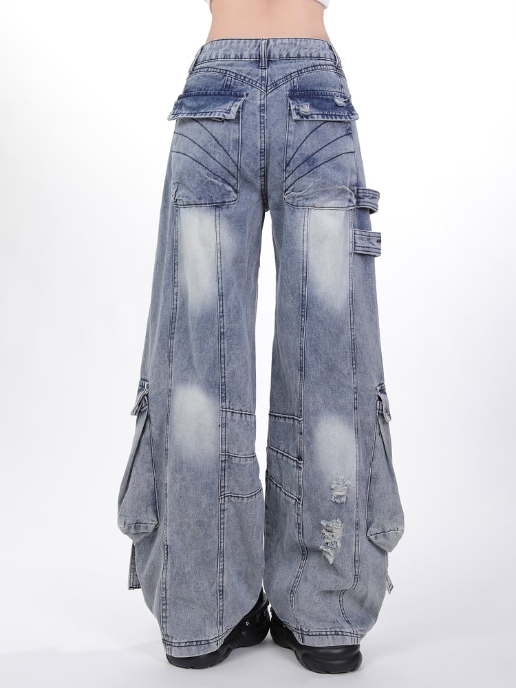 Wash Blue Distressed Cargo Jeans with Adjustable Strap Accents Faded