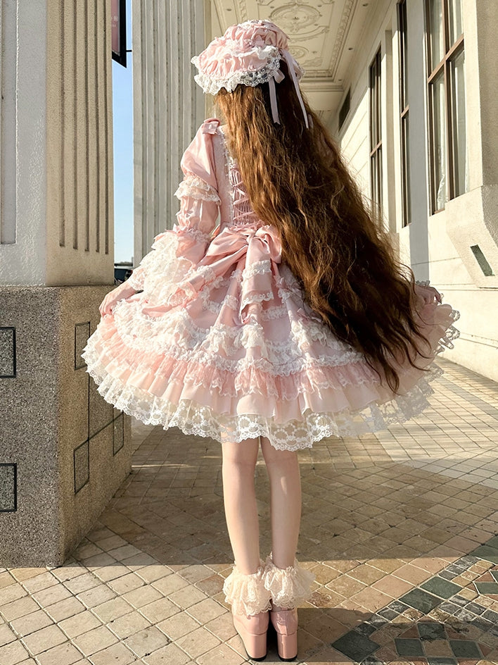 Dress Sweet Lolita Pink Accents High Detachable with Sleeves Bow Waist Princess