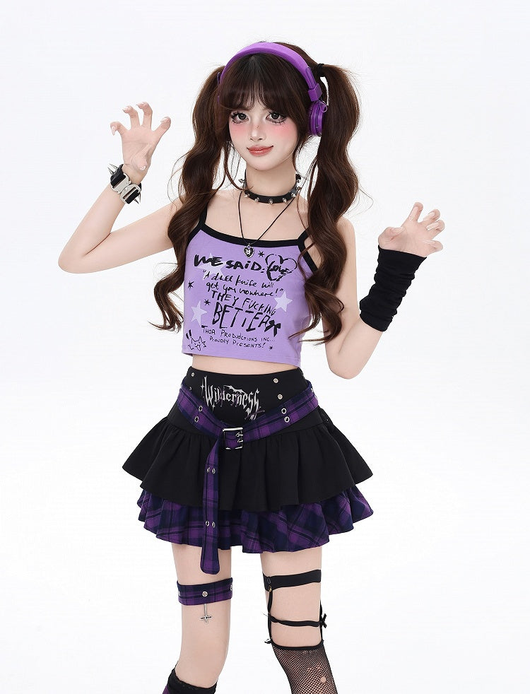 Garter Purple Plaid Buckle Y2K Lined Tiered Skirt with Cross and Design Black Belt