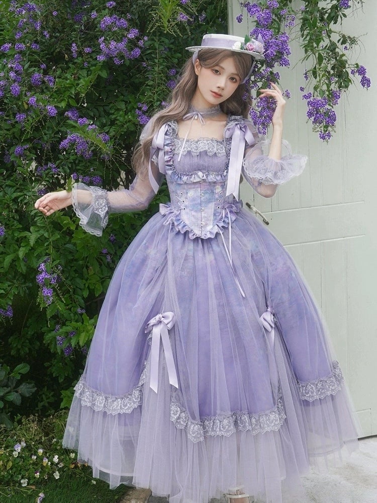 Print Elegant Classic Square Lolita Neckline Purple Painting Oil Full Set Skirt OP